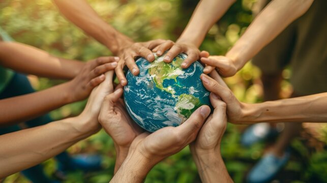 A group of people holding hands and standing around the Earth globe
