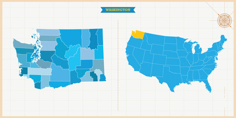 A Map highlighting Washington in the USA Map, Washington and USA modern map with Colorful Hi detailed Vector, geographical borders