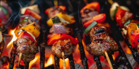 BBQ skewers grill on the grilled with flames.