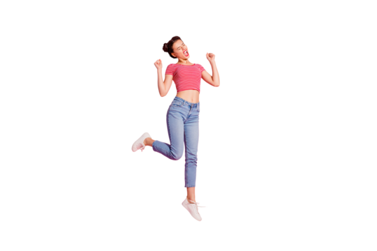 Full length body size photo yelling beautiful she her lady pomade lips jump high sale discount shopping store mall wear casual jeans denim striped red white t-shirt sit floor isolated pink background - Powered by Adobe
