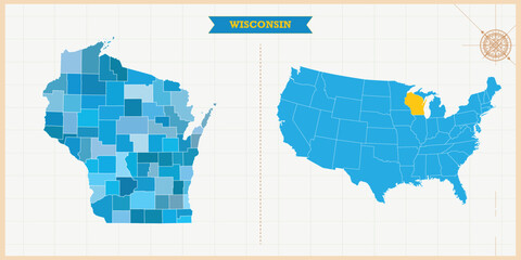 A Map highlighting Wisconsin in the USA Map, Wisconsin and USA modern map with Colorful Hi detailed Vector, geographical borders