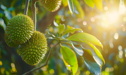 Close up of durain on the tree Ripening durian fruits in morning sunlight