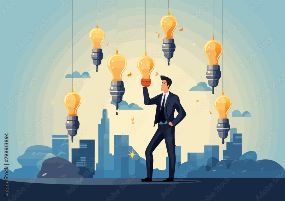 Poster smart businessman idea concept with question mark signboard and light bulb solution - creative think