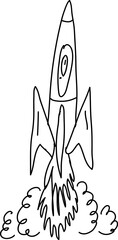 Hand drawing outline of a flying rocket. Vector illustration.