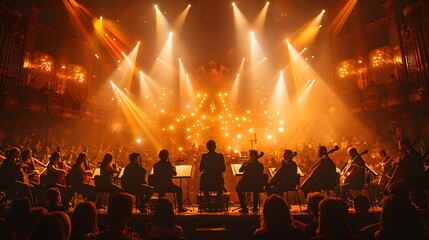 the harmonious silhouettes of musicians performing against the backdrop of a grand concert hall's...
