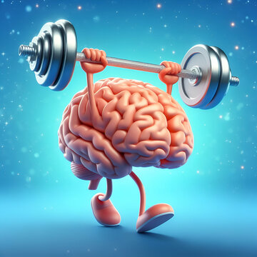 3D style human brain cartoon lifting weights. Mental, memory, brain training concept.