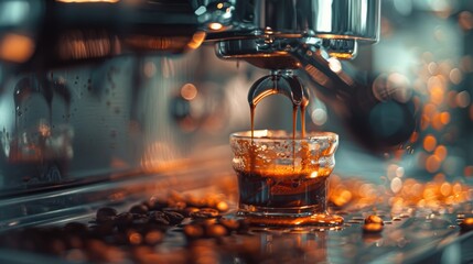 Barista crafting a perfect espresso shot, with focus on the machine and pouring coffee.