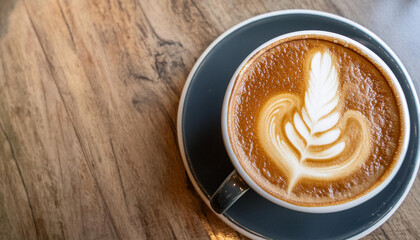 Close up of hot latte coffee in the cafe, photo banner for website header design with copy space for text