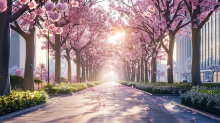 Obraz premium A beautiful street with cherry blossom trees in full bloom