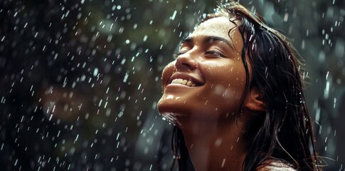 portrait of a cheerful girl in the rain