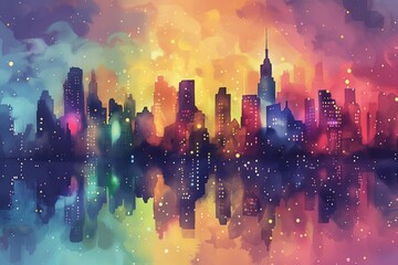 Dramatic watercolor cityscape at sunset with vivid reflections. Abstract watercolor skyline with...