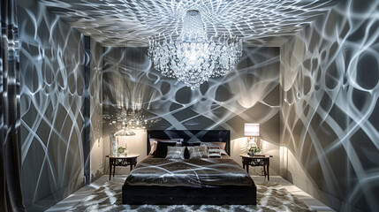 Bedroom with an Italian crystal chandelier casting intricate shadows.