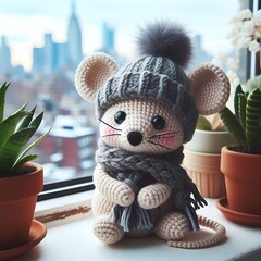 Crocheted mouse in winter attire on windowsill among foliage