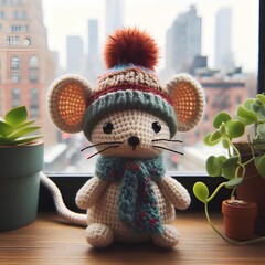 Cute amigurumi rodent in hat and scarf on windowsill with greenery