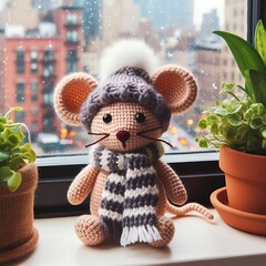 Adorable mouse in handmade knitwear on windowsill with greenery