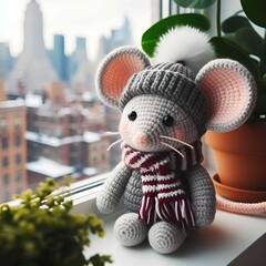 Adorable amigurumi mouse in winter attire on windowsill surrounded by greenery