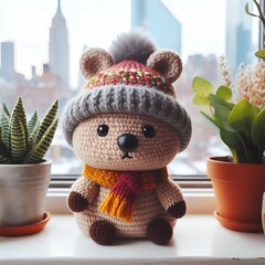 Quokka in scarf and hat on windowsill surrounded by plants