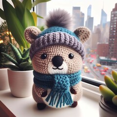 Adorable amigurumi quokka in scarf and hat on windowsill with plants