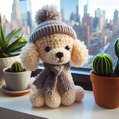 Adorable amigurumi poodle dog in scarf and hat sits by window with plants