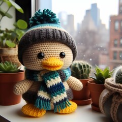 Adorable duckling in scarf and hat on windowsill with plants