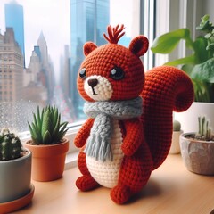 Adorable squirrel doll in red, scarf, hat, perched on windowsill amidst foliage