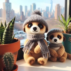 Crochet meerkat and baby in winter gear on windowsill among greenery