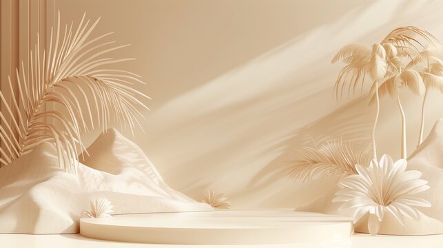 Elegant monochrome image featuring sand dunes, palm trees, flowers and a circular platform under a light-filtered setting.