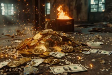 money coins fire burned savings