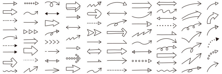 シンプルな矢印アイコンセット。ベクター、イラスト、手書き、線、上下、左右