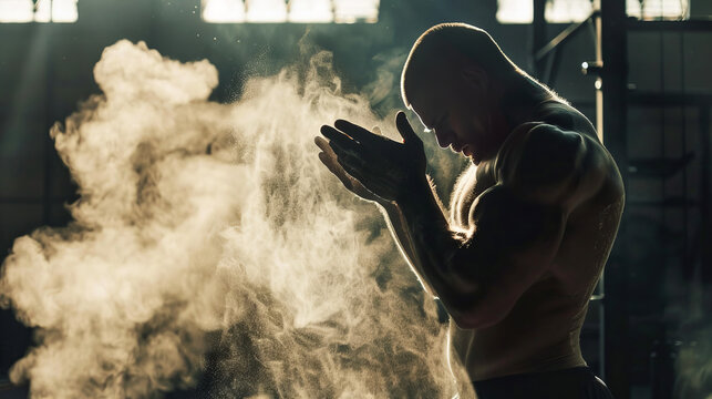 A weightlifter claps his hands, preparing for a workout at a gym, stirring up a cloud of dust.