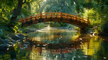 A quaint wooden bridge graces a peaceful park, with its reflection shimmering on the still water below