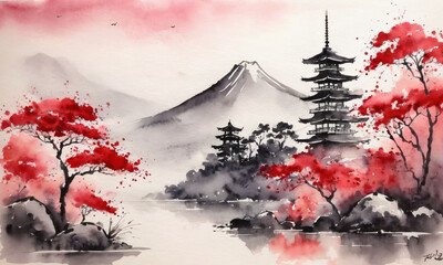 Red Chinese Watercolor Painting