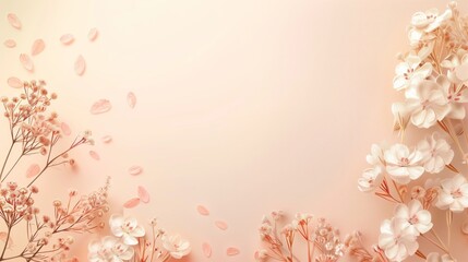Elegant floral background in soft pink hues with delicate flowers and floating leaves.