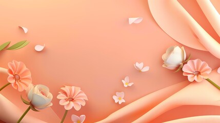 Elegant floral composition on an orange gradient background with delicate drapery and flowers.