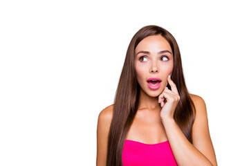 Portrait of young straight-haired brunette wondered girl wearing pink top, showing facial wow...
