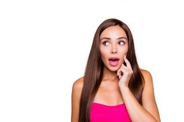 Portrait of young straight-haired brunette wondered girl wearing pink top, showing facial wow expression, touching cheek with finger. Copy space. Isolated over bright vivid turquoise background