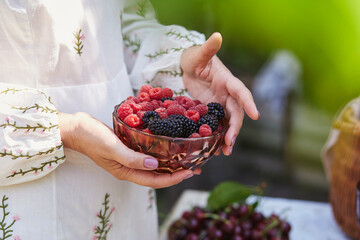 Peaceful, pastoral ambiance, sustainable living, femininity and the elegance of rural life. Fresh berries set against greenery bushes © Natalia