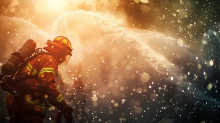 Close-up action of two firefighters spraying water with high pressure nozzles to shoot surrounded by smoke with flames.