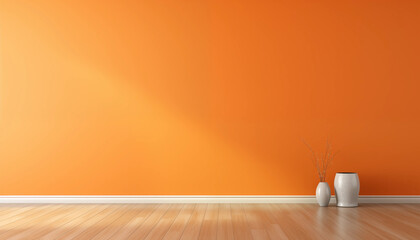 Bright orange wall background with a wood floor and two white vases in the corner
