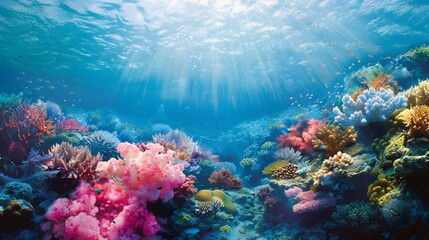 A rarely visited coral reef, the marine life bright and colorful against the ocean's clean background.