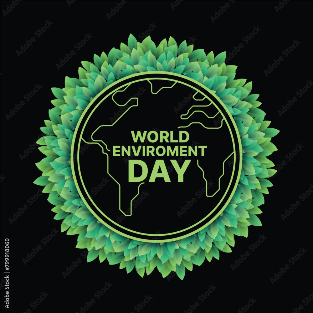 Poster world enviroment day - green text on green line globe world sign in circle frame with leaf texture a