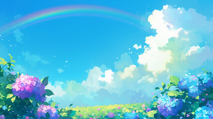 紫陽花と青空に虹がかかる風景　Generative AI
