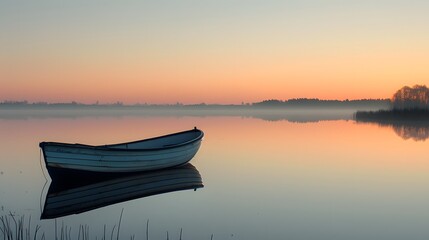 A quiet, serene lake at dawn with a single boat, set against a clear and tranquil backdrop. 