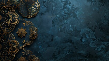 Elegant dark blue background adorned with intricate golden floral and ornamental designs, ideal for luxurious themes.