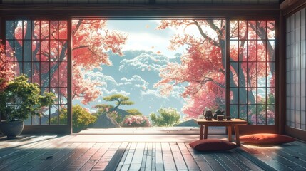 3d rendering of japanese style room with natural view.