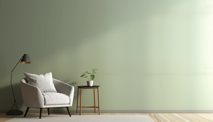 White armchair and green plant in front of sage green wall