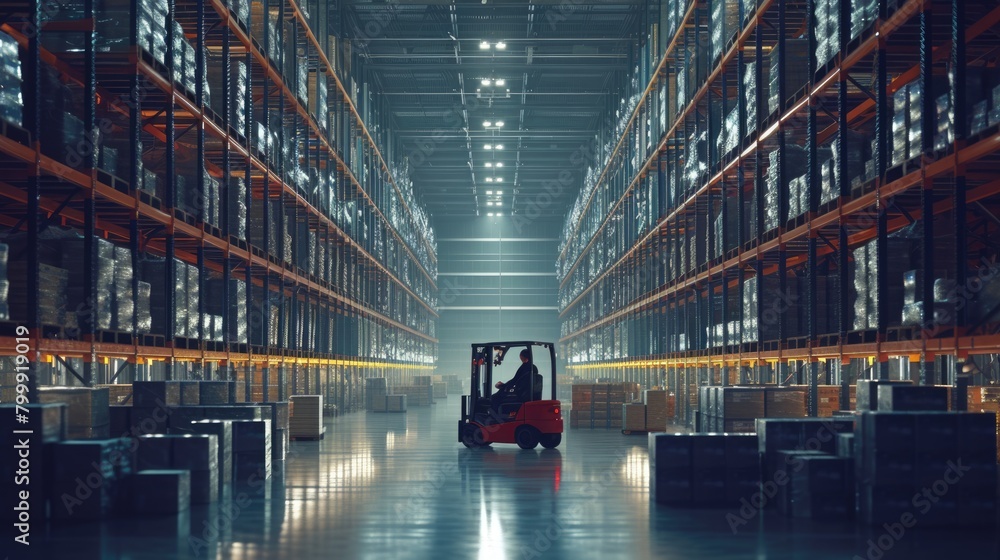 Poster smart warehouse worker or operator driving forklift and lifted product surrounded with box at storag