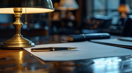 Obraz premium Close-up of a business document being signed under a reading lamp, highlighting international contracts.