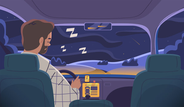 Asleep driver. Somnolence driving, sleepy doze guy riding car on late night city road, drowsy tired drunk driver traffic way, fatigue chauffeur danger accident vector illustration