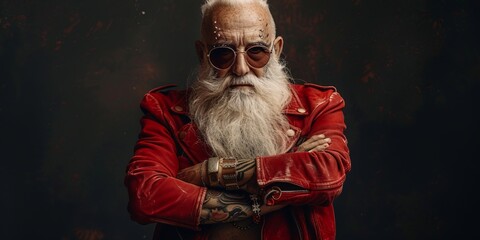 portrait of modern elderly Santa Claus with sunglasses, piercing and long white beard standing with crossed arms while looking at camera against dark background****